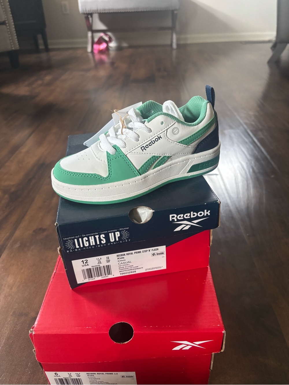Reebok Kids White and Mint Green Light-Up Sneaker